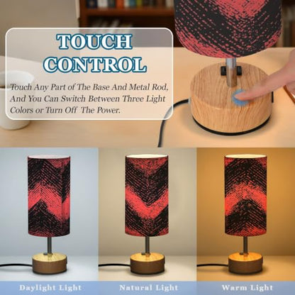 Kigai Red Black Folded Threads Touch Control Bedside Table Lamp 3 Way Dimmable Nightstand Lamp with USB A+C Charging Ports & AC Outlet Fabric Shade for Bedroom Desk Living Room