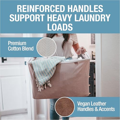 CleverMade Collapsible Laundry Basket LUXE, 60L Pop-Up Hamper 2 Pack, Cream | Elevate Open-Room Laundry Storage | Cotton-Blend Fabric and Vegan Leather Add Polish, While Each Basket Holds 55 lb - color: Cream Herringbone