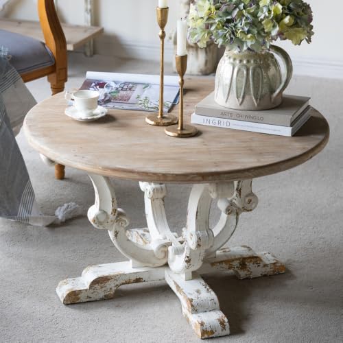 31.5" Round Solid Wood Coffee Table for Farmhouse Living Room | Retro Wooden Center Table with Distressed White Finish & Scrollwork Legs, Circle Tea Table, Easy Assembly, Antique White - color: B-31.5" Antique White