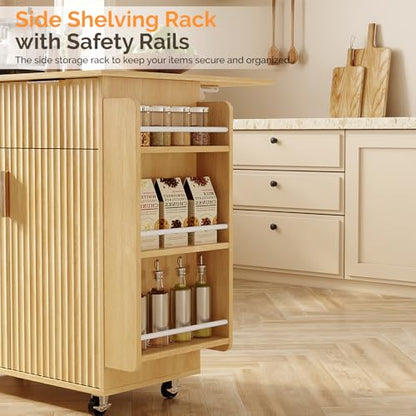 VINGLI Kitchen Island Cart with Storage, Rolling Kitchen Cart on Wheels with Foldable Drop Leaf, 15.35 x 31.15 x 34.45 Inches, Rubber Wood Top, Drawer and Door Cabinet, Oak