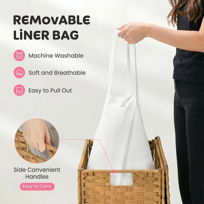 Laundry Hamper with Lid, 110L Foldable Laundry Basket with Removable Liner Bags, Handwoven Synthetic Rattan Clothes Hamper for Bathroom, Bedroom, Laundry Room, Yellow - color: Yellow-110L
