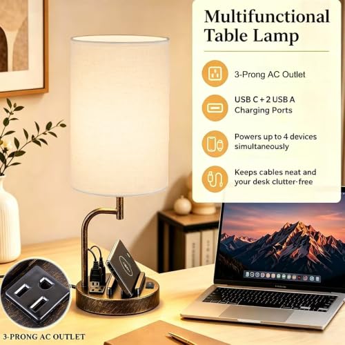 Dreamholder 2 Pack Table Lamp, Bedside Lamp with 3 USB Charging Ports & AC Outlet, USB Desk Lamp with 2 Phone Holders, Linen Fabric Shade Nightstand Lamps for Bedroom Living Room Office, Antique Brass - color: Antique Brass