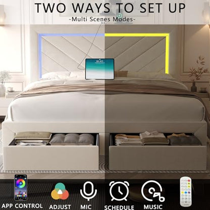 Queen Size Bed Frame with Adjustable Headboard and Storage Drawer, Upholstered Bed Frame Queen with RGB LED Lights and Charging Station, Easy Assembly, No Box Spring Needed, Off White - color: Off White, size: Queen