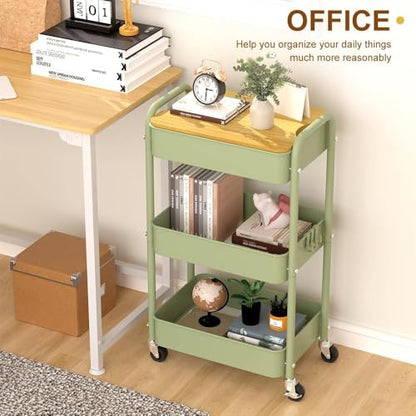 3 Tier Metal Utility Cart, Rolling Storage Cart with Wooden Tabletop, Metal Organizer Cart with Lockable Wheels for Office, Bedroom, Kitchen and Living Room (Green) - color: Green