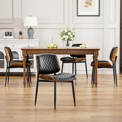 YaFiti Mid Century Upholstered PU Leather Dining Chairs Set of 2, Black | Ergonomic Walnut Backrest, Upholstered Waterproof PU Leather Seat, Stable Metal Legs, Adjustable Footpads, Apartment Friendly - color: Black Lozenge