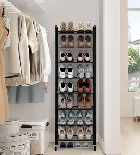 STO STO 8-Tier Narrow Shoe Rack with Lockable Wheels, Double-Sided Vinyl Mesh Shelf Shoe Organizer for Up to 30 Pairs, Slim Space Saving Metal Rolling Shoe Storage for Entryway, Closet, Hallway