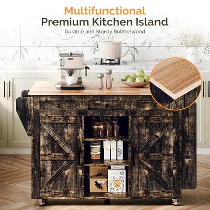 VINGLI 52" W Kitchen Island with Storage and Drop Leaf, Black & Gold | Farmhouse Rolling Cart with 3 Drawers, 2 Barn Doors, Adjustable Shelves, Side Rack and Locking Wheels - color: Black & Gold