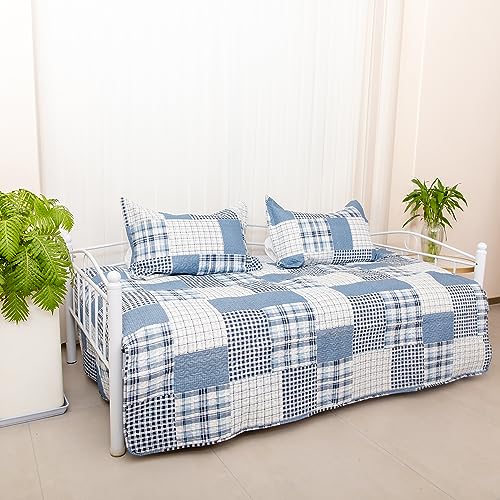Jarson 3 Piece Plaid Daybed Cover Set Twin Blue Gray White Patchwork Quilted Daybed Bedding Sets Double Side Cozy Sofa Daybed Cover with 2 Shams - color: Blue Gray Plaid