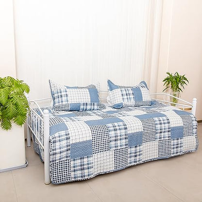 Jarson 3 Piece Plaid Daybed Cover Set Twin Blue Gray White Patchwork Quilted Daybed Bedding Sets Double Side Cozy Sofa Daybed Cover with 2 Shams - color: Blue Gray Plaid