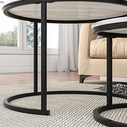 HOJINLINERO Round Coffee Table,Nesting Coffee Table Set of 2,Center Tables for Living Room,Office, Home Small Space,Stacking Side Tables,Sturdy and Easy Assembly,Wood Desktop,Black+White,Large - color: White, size: Large