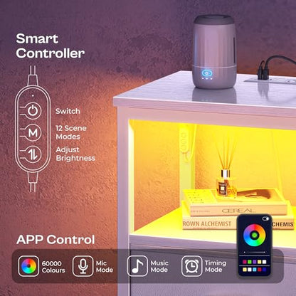 Huuger Night Stand with Charger Station and LED Lights, 3 Drawer Nightstand | Bed Side Table with Open ShelfEnd TableTall Fabric Dresser for Bedroom, PU Leather, White - color: White, size: 11.8"D x 15.7"W x 27.6"H（3 Drawers）