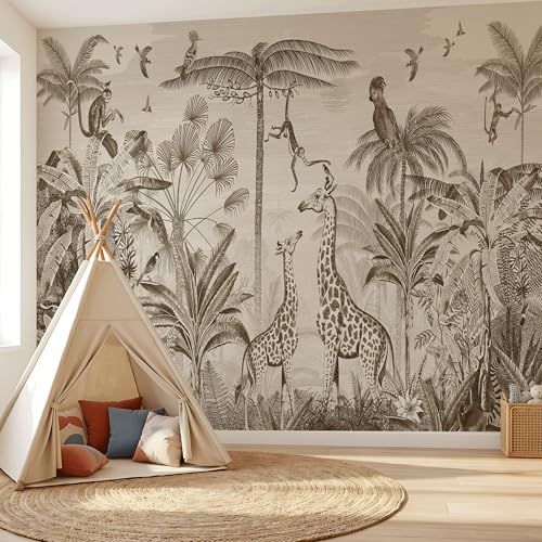 ASJ Kids Nursery Peel and Stick Wallpaper Mural, Safari Giraffe Sepia | Seamless edge-to-edge match. Monkey & birds etching artwork, 139x94 in, premium fabric, boys girls room playroom. - color: Sepia, size: 139" x 94"