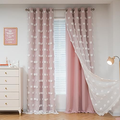 MYSKY HOME Light Blocking Pink Curtains White Sheer Pom Pom Kids Room Decor Drapes for Living Room 95 Inches Long Double Layer Curtains for Sliding Door Grommet Window Panels Set of 2 52" x 95" - color: Blush Pink, size: 52"W x 95"L (Pack of 2)