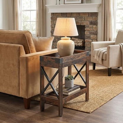 Narrow End Table with Charging Station, Rustic Brown Side Table with 2 USB Ports & Power Outlets, Slim Industrial Nightstand for Small Spaces, Living Room Sofa & Bedroom - color: Rustic Brown, style: With Outlets