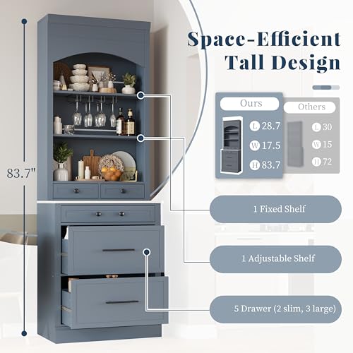 Modern 28.7x17.5x83.7 Inch Tall Kitchen Pantry Cabinet, Freestanding Hutch with Faux Marble Top, 5 Drawers & Adjustable Shelf, Glass Holders, Space-Saving Storage for Kitchen/Dining Room (1, Gray) - color: Grey