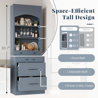 Modern 28.7x17.5x83.7 Inch Tall Kitchen Pantry Cabinet, Freestanding Hutch with Faux Marble Top, 5 Drawers & Adjustable Shelf, Glass Holders, Space-Saving Storage for Kitchen/Dining Room (1, Gray) - color: Grey