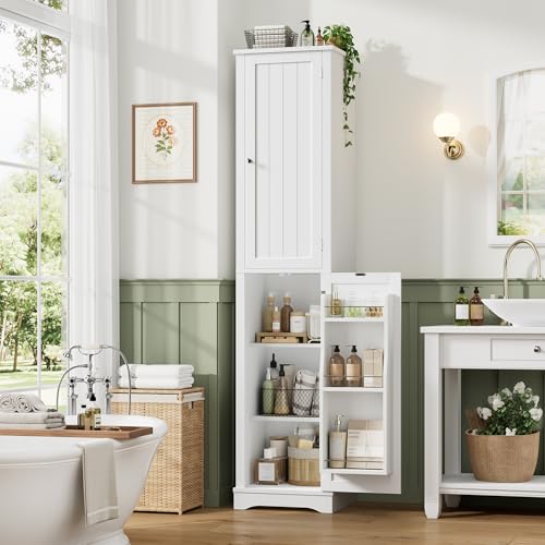 71" Tall Narrow Storage Cabinet with Reversible Doors, Small Pantry, White | Slim Kitchen Pantry with Adjustable Shelves, Spice Rack, Modern Narrow Cabinet for Bathroom, Living Room, Entryway