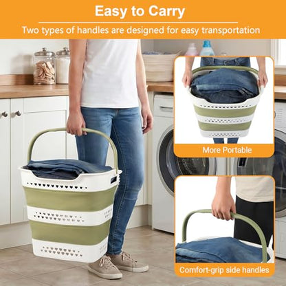 2 Pcs 42L/11.2 Gal Collapsible Laundry Basket - Foldable Plastic Pop Up Hamper with Handles, Space-Saving Storage Organizer for Wet & Dry Clothes, Ideal for Home, Dorm and Apartment Use Green - style: 42L-2green
