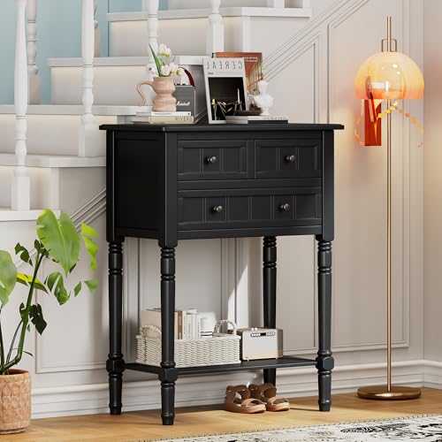 Merax Narrow Console Table, Elegant Slim Entryway Table Sofa Table with Three Storage Drawers and Bottom Shelf for Entryway for Hallway, and Living Room (Black) - color: Black