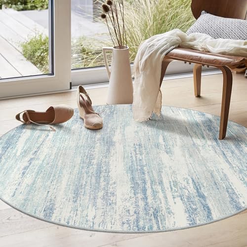 Round Rug 4ft Small Cicle Area Rug Washable Low Pile Non Slip Modern | Machine Washable Circular Throw Carpet for Entryway Bedroom Kitchen Abstract Floor Indoor Accent Neutral Blue - color: Blue, size: 4' (Round)