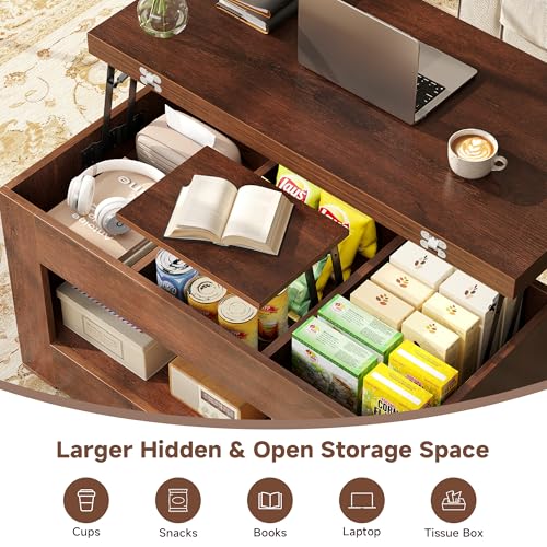 UNIQUITE 40" Lift Top Coffee Table, 4 in 1 Multi-Function Lift Coffee Table with Storage and Hidden Compartment, Convertible Coffee Tables to Dining Table for Living Room, Walnut - color: Walnut
