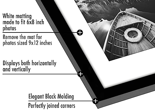 Americanflat 9x12 Picture Frame 2-Pack - Matted to 6x8 - Black | Slim Molding construction, Polished plexiglass front, wall or tabletop display with included easel, sawtooth hangers included - color: Black, size: 9x12