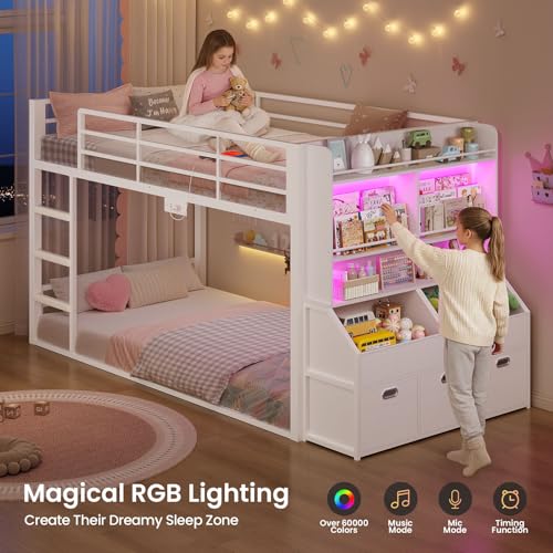 ADORNEVE Low Bunk Bed Twin Over Twin with Bookshelf, Drawers, White | Metal Floor Bunk Bed with RGB Lights, Charging Station, Toy Organizer, Safety Guardrail & Ladder, Small Space - color: White