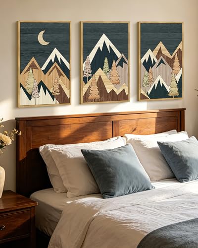 KUVIOKE Morden Mountains Framed Wall Art Boho Pine Tree Forest Nature Landscape Artwork Bohemain Farmhouse Rustic Bedroom Decor 16x24in (Natural Framed) - color: Wood Mountain, size: 16 x 24in x 3 Panels Natural