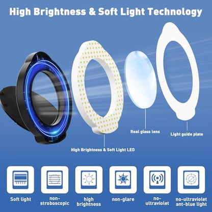 15X Magnifying Glass with Light & Stand,Real Glass,RTM Safety Protection,5 Colors Stepless Dimmable Eye-Caring LED,2-in-1 Hands-Free Desk & Clip-On Magnifier for Reading Crafts Painting & Repair