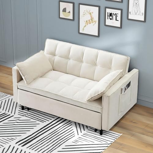 3 in 1 Convertible Sleeper Sofa Bed, Velvet Loveseat Futon Pull-Out Couch with Adjustable Reclining Backrest, Side Pockets and Pillows for Living Room, Bedroom, Apartment, Small Spaces (Beige-Velvet) - color: Beige-velvet