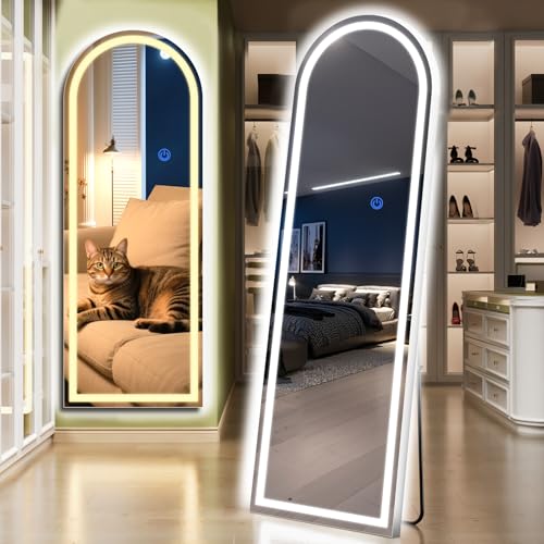 Arch Full Length Standing Mirror with LED Lights, 65"x24" Lighted Mirror with Dimming & 3 Color Lighting, Tall Mirror Full Body for Bedroom, Dressing Room - color: Arched, size: 65"L x 24"W