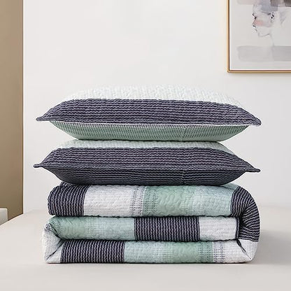 DURLENGEN Quilt Set Queen Size 3Pcs,Soft Microfiber Lightweight Bedspread,White & Green Striped Geometric Pattern Coverlet for All Season Layering(Queen 90x96,Mint Green) - color: Mint Green, size: Queen(90" x 96")