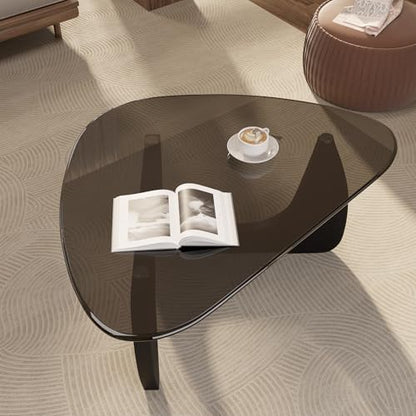 Modern Glass Coffee Table, Triangle Center Table with Tempered Glass Top& Unique Wooden Base, 31.5” Mid Century Tea Tables for Living Room, Apartment, Office,Black & Grey - color: Black & Grey, size: Small 31.5*19*15.7in