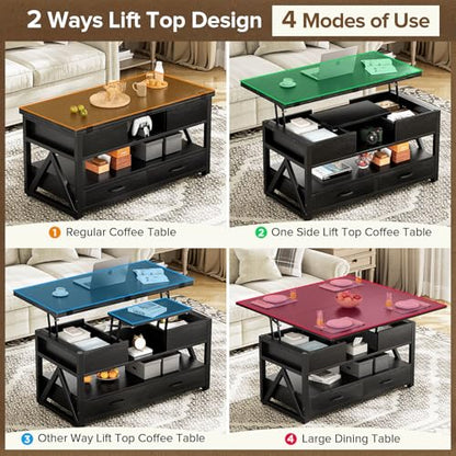 40" Lift Top Coffee Table with Storage,Black | 4 in 1 Multi-Function Lifting top Coffee Tables with Storage Drawers and Hidden Compartmen,for Living Room - color: Black