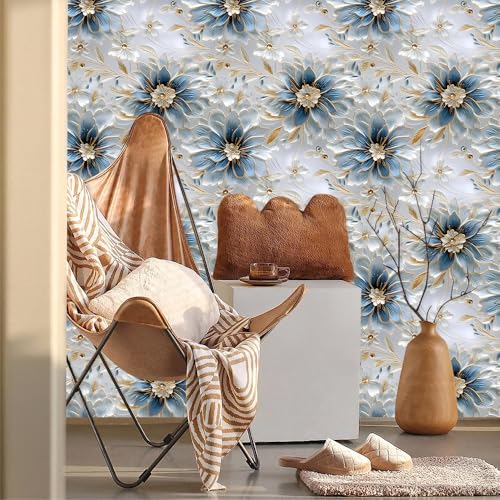 White Blue Grey Peony Floral Vintage Peel and Stick Wallpaper Contact Paper Vinyl Stick on Wall Paper for Bedroom Bathroom Kitchen Cabinet Renter Friendly - color: White/Navy, size: 17.7" x 118"