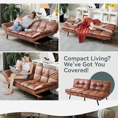 Futon Sofa Bed Convertible Couch, Brown Faux Leather Sofa Bed | Adjustable Backrest & Armrests, Multifunctional Small Loveseat Sleeper Sofa for Living Room, Apartment, Office, Foam Couch - color: A4 | Brown