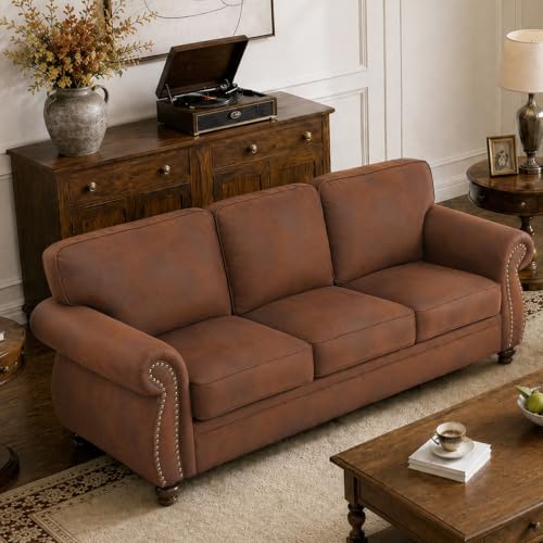 88" W 3-Seater Sofa Couch, Faux Leather Fabric Sofas, Caramel Rust | Mid-Century Vintage 3-Seater Sofa with Nailhead Trim, Upholstered Couch Set for Living Room - color: Caramel Rust, size: S-3 seat