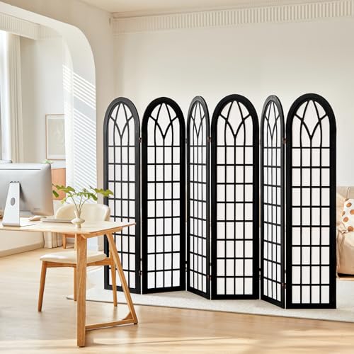 6 Panel Japanese Room Divider, Folding Privacy Screen, Black | Arched Black Wood Room Divider, 94.5"W X 66.9"H, Fully Assembled For Bedrooms, Open Rooms, Dining Areas, And Offices - color: 6 Panel Black, size: 6 Panel