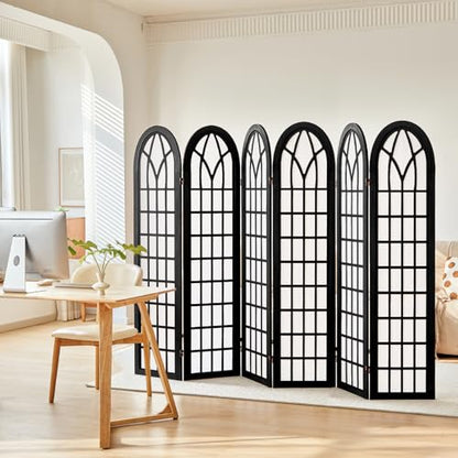6 Panel Japanese Room Divider, Folding Privacy Screen, Black | Arched Black Wood Room Divider, 94.5"W X 66.9"H, Fully Assembled For Bedrooms, Open Rooms, Dining Areas, And Offices - color: 6 Panel Black, size: 6 Panel