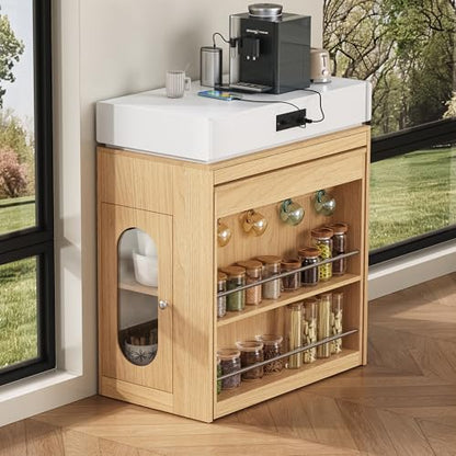 Extendable Dining Table with Folding Tabletop & Power Outlet, Modern Kitchen Island Sideboard with Wheels, Hidden Drawers & USB Charging, Sturdy Buffet Table for Small Spaces (Natural) - color: Natural