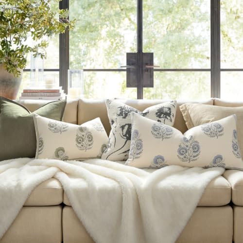Vintage Floral 12x20 Lumbar Pillow Cover Pack of 1, Double-Sided Botanical Print Decorative Throw Pillow Cover Farmhouse Neutral Cushion Cover for Sofa Couch Living Bed Room, Dusty Blue(Cover Only) - color: Dusty Blue, size: 20" x 12" (Pack of 1)