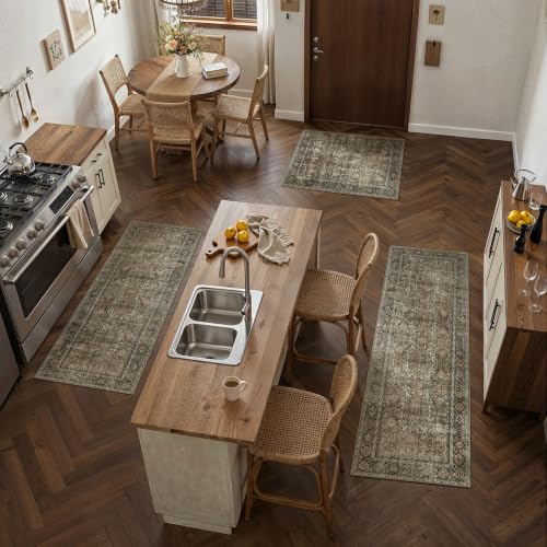Brown Kitchen Rug Set 3 Piece 2x3+2x4+2x5 Vintage Distressed | Washable, Non Slip, Low Pile, Floor Mats for Entryway, Kitchen, Bathroom, Laundry Room, Farmhouse Decor - color: Accent Brown, size: 2'x3'+2'x4'+2'x5'