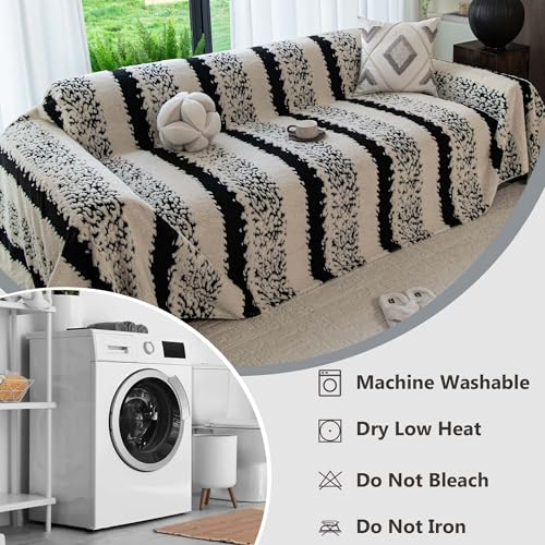Sherpa Fleece Couch Cover for 3 Cushion Sofa, Black, 71" x 134" - Pet Proof Sofa Cover Heavy Duty Scratch Resistant Pet Friendly Furniture Cover - Easy Install, Machine Washable - color: Stripe 3 Black, size: 71" x 134"