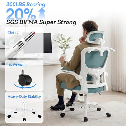 Office Chair Ergonomic Desk Chairs with Adjustable Lumbar Support& Headrest Hanger, High Back Breathable Mesh Chair with Wheels, Rolling Swivel Comfy Task Computer Chair for Home Work Gaming - color: Aqua