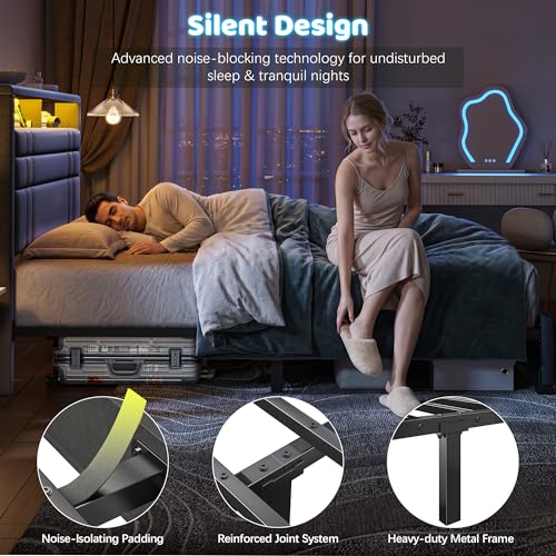 EnHomee King Upholstered Bed Frame with Charge Station & LED Lights, Grey | 2-Tier Shelves Headboard, 12" Under-Bed Storage Space, Noise-Free, No Box Spring Needed, Easy Assembly - color: Grey, size: King (U.S. Standard)