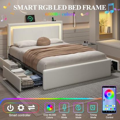 Full Size Bed Frame with 4 Storage Drawers, Upholstered Headboard, White | Modern Bed, Charging Station, LED Light, Adjustable Height Headboard, Noise-Free, No Box Spring Needed, Easy Assembly - color: White, size: Full