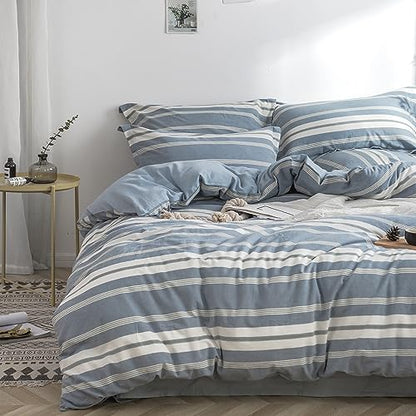 BISELINA Bedding Duvet Cover Set 100% Washed Cotton Linen Like Textured Yarn Dyed Horizontal Stripes Reversible Breathable Soft Comfy Chic Bedding (King, Button Closure Blue) - color: Button Closure - Blue, size: King