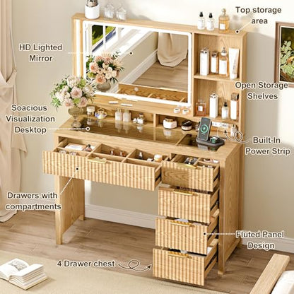 Arulvmrn Makeup Vanity Desk with Mirror and Lights, 43.3'' Glass Tabletop Vanity Table with 5 Drawers & Shelves,Big Vanity Set for Bedroom, Oak - color: Oak
