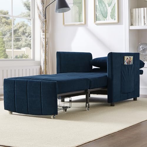 Pull Out Sofa Bed for Living Room, 31.5" Upholstered Convertible Sleeper Sofa, 3-in-1 Convertible Sleeper Chair with 5-Position Adjustable Backrest, Side Pockets and a Storage Basket (Blue/352) - color: Blue/352