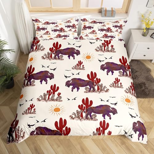 Feelyou Buffalo Ranch North American Bisons Duvet Cover Set Twin Size Western Bedding Sets Rustic Country Cabin Southwestern Animal Comforter Cover Set Kids Boys Brown Cream Farmhouse Quilt Cover - color: Brown Cream, size: Twin